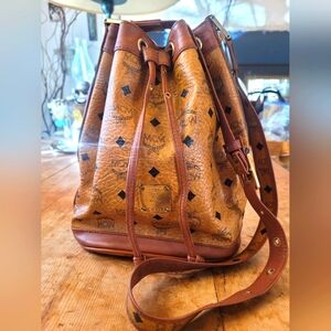 MCM Cognac Visetos Coated Canvas Drawstring Bucket Bag